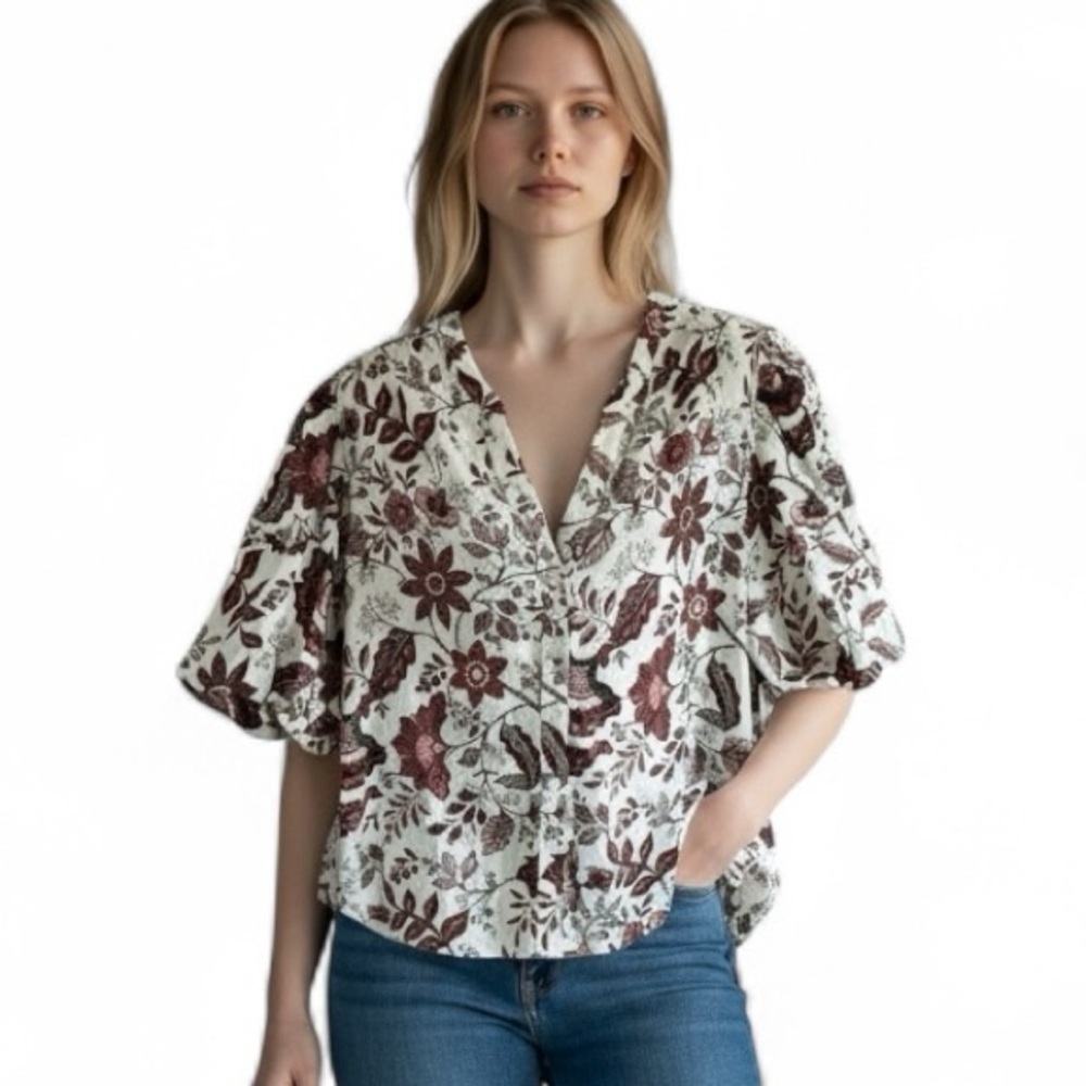 Joie Floral Red Cream Linen Blend Button Up Short Balloon Sleeve Blouse Large
